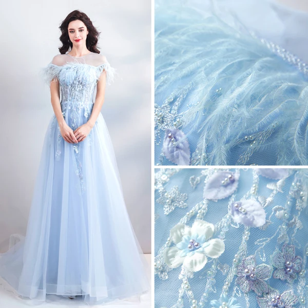 Modern / Fashion Sky Blue See-through Evening Dresses 2019 A-Line / Princess Scoop Neck Short Sleeve Appliques Flower Pearl Beading Feather Sweep Train Ruffle Backless Formal Dresses