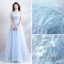 Modern / Fashion Sky Blue See-through Evening Dresses  2019 A-Line / Princess Scoop Neck Short Sleeve Appliques Flower Pearl Beading Feather Sweep Train Ruffle Backless Formal Dresses