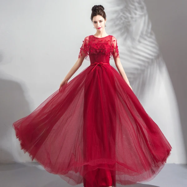 Chic / Beautiful Burgundy Prom Dresses With Shawl 2019 A-Line / Princess Scoop Neck Appliques Lace Beading Sash Floor-Length / Long Ruffle Backless Formal Dresses