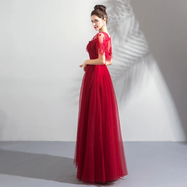 Chic / Beautiful Burgundy Prom Dresses With Shawl 2019 A-Line / Princess Scoop Neck Appliques Lace Beading Sash Floor-Length / Long Ruffle Backless Formal Dresses