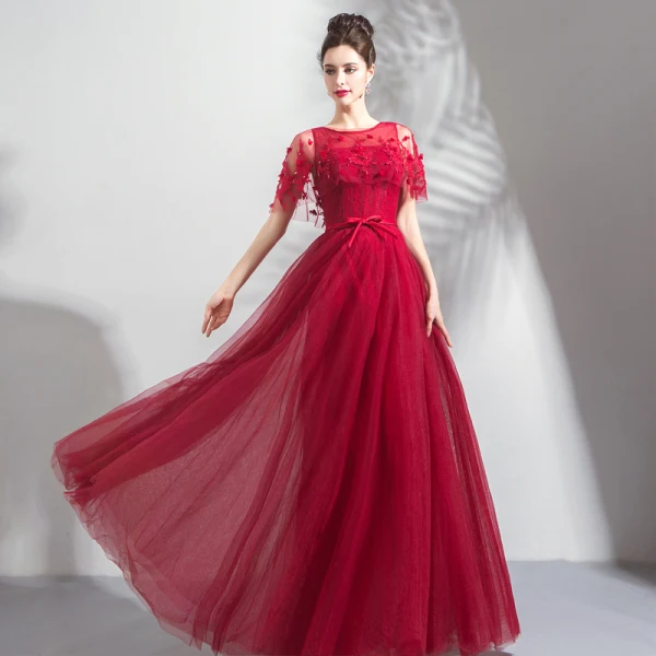 Chic / Beautiful Burgundy Prom Dresses With Shawl 2019 A-Line / Princess Scoop Neck Appliques Lace Beading Sash Floor-Length / Long Ruffle Backless Formal Dresses