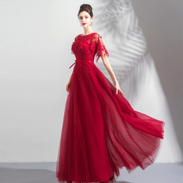 Chic / Beautiful Burgundy Prom Dresses With Shawl 2019 A-Line / Princess Scoop Neck Appliques Lace Beading Sash Floor-Length / Long Ruffle Backless Formal Dresses