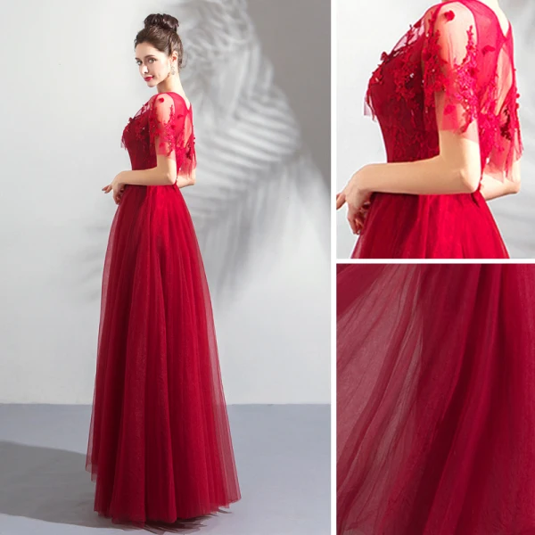 Chic / Beautiful Burgundy Prom Dresses With Shawl 2019 A-Line / Princess Scoop Neck Appliques Lace Beading Sash Floor-Length / Long Ruffle Backless Formal Dresses