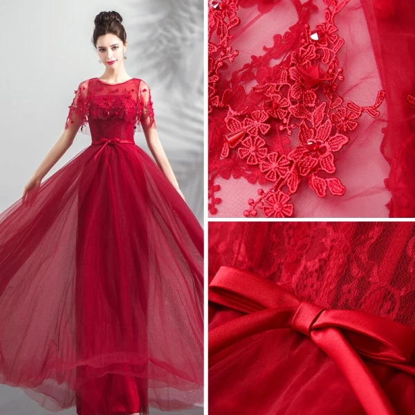 Chic / Beautiful Burgundy Prom Dresses With Shawl 2019 A-Line / Princess Scoop Neck Appliques Lace Beading Sash Floor-Length / Long Ruffle Backless Formal Dresses