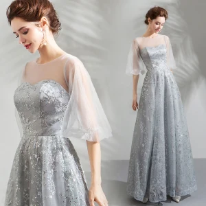 Bling Bling Argenté Transparentes Robe De Soirée 2019 Princesse Encolure Dégagée Gonflée 1 2 Manches Glitter Étoile Tulle Longue Volants Dos Nu Robe De Ceremonie