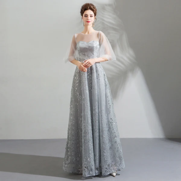 Bling Bling Silver See-through Evening Dresses  2019 A-Line / Princess Scoop Neck Puffy 1/2 Sleeves Glitter Star Tulle Floor-Length / Long Ruffle Backless Formal Dresses