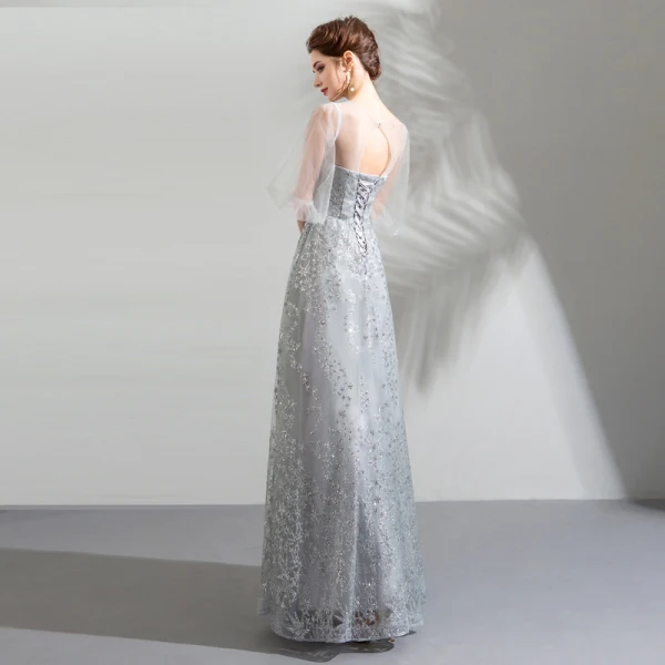Bling Bling Silver See-through Evening Dresses  2019 A-Line / Princess Scoop Neck Puffy 1/2 Sleeves Glitter Star Tulle Floor-Length / Long Ruffle Backless Formal Dresses