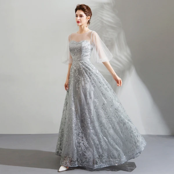 Bling Bling Silver See-through Evening Dresses  2019 A-Line / Princess Scoop Neck Puffy 1/2 Sleeves Glitter Star Tulle Floor-Length / Long Ruffle Backless Formal Dresses