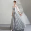 Bling Bling Silver See-through Evening Dresses  2019 A-Line / Princess Scoop Neck Puffy 1/2 Sleeves Glitter Star Tulle Floor-Length / Long Ruffle Backless Formal Dresses