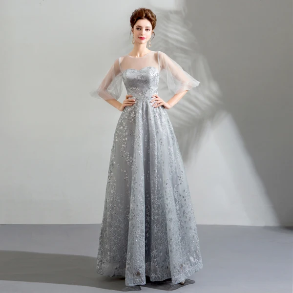 Bling Bling Silver See-through Evening Dresses  2019 A-Line / Princess Scoop Neck Puffy 1/2 Sleeves Glitter Star Tulle Floor-Length / Long Ruffle Backless Formal Dresses