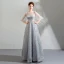 Bling Bling Silver See-through Evening Dresses  2019 A-Line / Princess Scoop Neck Puffy 1/2 Sleeves Glitter Star Tulle Floor-Length / Long Ruffle Backless Formal Dresses