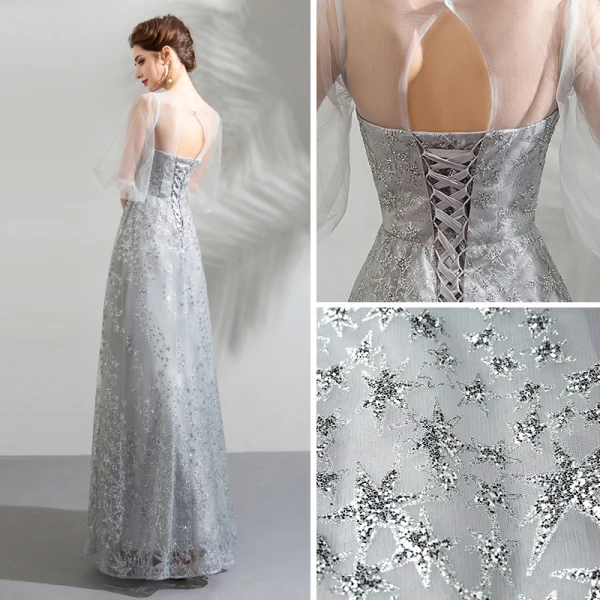Bling Bling Silver See-through Evening Dresses  2019 A-Line / Princess Scoop Neck Puffy 1/2 Sleeves Glitter Star Tulle Floor-Length / Long Ruffle Backless Formal Dresses