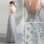 Bling Bling Silver See-through Evening Dresses  2019 A-Line / Princess Scoop Neck Puffy 1/2 Sleeves Glitter Star Tulle Floor-Length / Long Ruffle Backless Formal Dresses