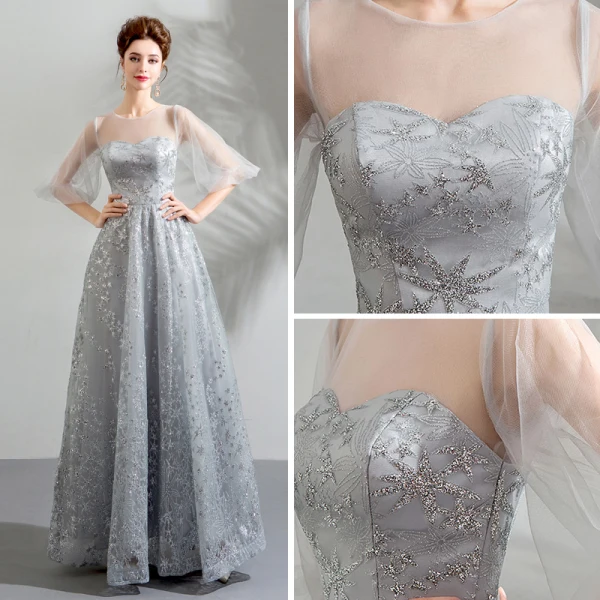 Bling Bling Silver See-through Evening Dresses  2019 A-Line / Princess Scoop Neck Puffy 1/2 Sleeves Glitter Star Tulle Floor-Length / Long Ruffle Backless Formal Dresses