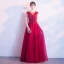 Affordable Burgundy Evening Dresses  2019 A-Line / Princess Scoop Neck Sleeveless Appliques Lace Flower Rhinestone Bow Sash Floor-Length / Long Ruffle Backless Formal Dresses