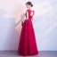 Affordable Burgundy Evening Dresses  2019 A-Line / Princess Scoop Neck Sleeveless Appliques Lace Flower Rhinestone Bow Sash Floor-Length / Long Ruffle Backless Formal Dresses