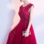 Affordable Burgundy Evening Dresses  2019 A-Line / Princess Scoop Neck Sleeveless Appliques Lace Flower Rhinestone Bow Sash Floor-Length / Long Ruffle Backless Formal Dresses