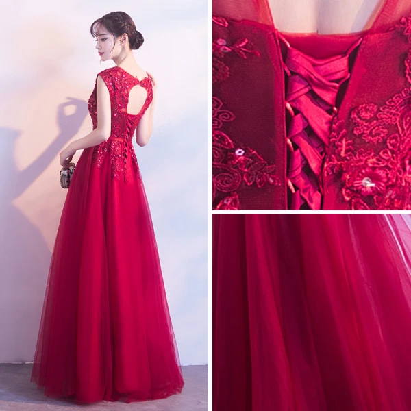 Affordable Burgundy Evening Dresses 2019 A-Line / Princess Scoop Neck Sleeveless Appliques Lace Flower Rhinestone Bow Sash Floor-Length / Long Ruffle Backless Formal Dresses