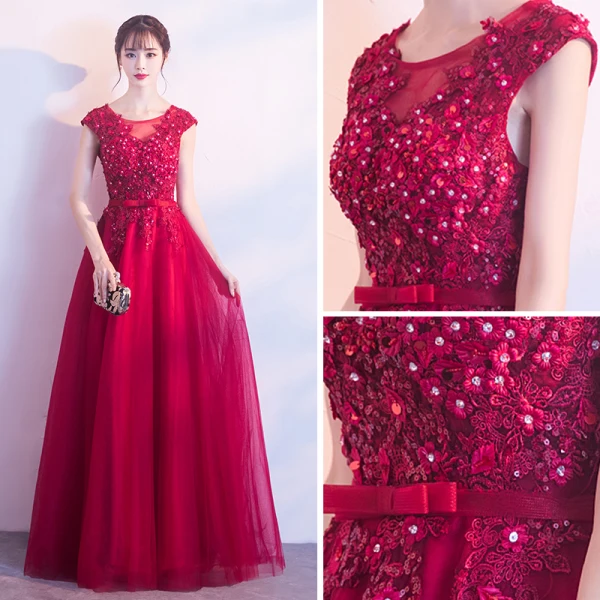 Affordable Burgundy Evening Dresses 2019 A-Line / Princess Scoop Neck Sleeveless Appliques Lace Flower Rhinestone Bow Sash Floor-Length / Long Ruffle Backless Formal Dresses
