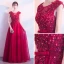 Affordable Burgundy Evening Dresses  2019 A-Line / Princess Scoop Neck Sleeveless Appliques Lace Flower Rhinestone Bow Sash Floor-Length / Long Ruffle Backless Formal Dresses