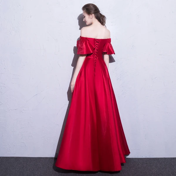 Erschwinglich Rot Abendkleider 2019 A Linie Off Shoulder Kurze Ärmel Perlenstickerei Schleife Stoffgürtel Lange Rüschen Rückenfreies Festliche Kleider