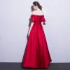Affordable Red Evening Dresses  2019 A-Line / Princess Off-The-Shoulder Short Sleeve Beading Bow Sash Floor-Length / Long Ruffle Backless Formal Dresses