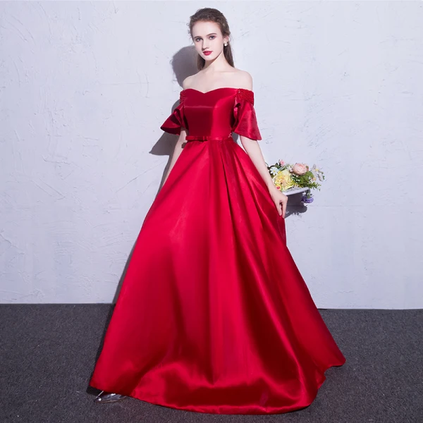 Erschwinglich Rot Abendkleider 2019 A Linie Off Shoulder Kurze Ärmel Perlenstickerei Schleife Stoffgürtel Lange Rüschen Rückenfreies Festliche Kleider