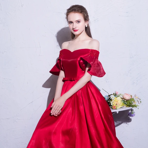 Erschwinglich Rot Abendkleider 2019 A Linie Off Shoulder Kurze Ärmel Perlenstickerei Schleife Stoffgürtel Lange Rüschen Rückenfreies Festliche Kleider
