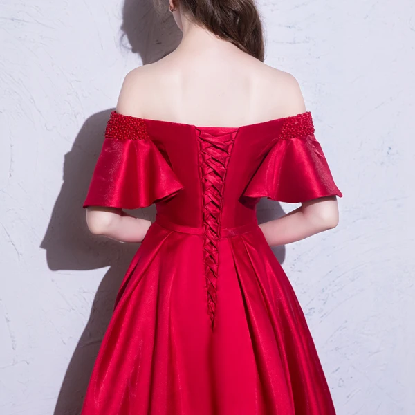 Erschwinglich Rot Abendkleider 2019 A Linie Off Shoulder Kurze Ärmel Perlenstickerei Schleife Stoffgürtel Lange Rüschen Rückenfreies Festliche Kleider