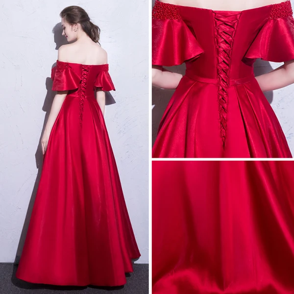 Erschwinglich Rot Abendkleider 2019 A Linie Off Shoulder Kurze Ärmel Perlenstickerei Schleife Stoffgürtel Lange Rüschen Rückenfreies Festliche Kleider