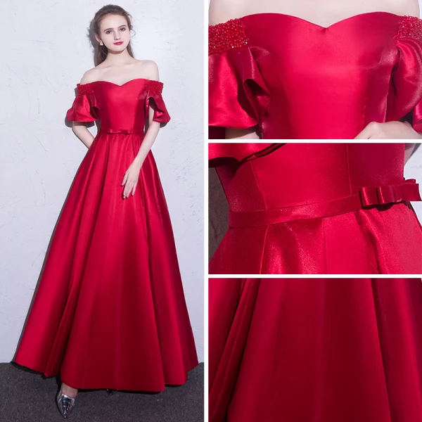 Erschwinglich Rot Abendkleider 2019 A Linie Off Shoulder Kurze Ärmel Perlenstickerei Schleife Stoffgürtel Lange Rüschen Rückenfreies Festliche Kleider