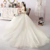 Modern / Fashion Champagne Wedding Dresses 2019 Ball Gown Sweetheart Detachable Puffy Short Sleeve Backless Pearl Beading Cathedral Train Ruffle