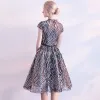 Sparkly Black Party Dresses 2018 A-Line / Princess High Neck Short Sleeve Bow Sash Knee-Length Sequins Formal Dresses