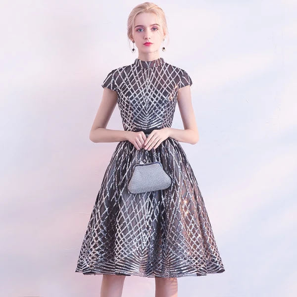 Sparkly Black Party Dresses 2018 A-Line / Princess High Neck Short Sleeve Bow Sash Knee-Length Sequins Formal Dresses