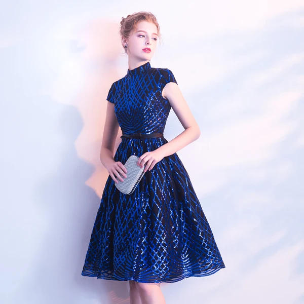 Sparkly Black Party Dresses 2018 A-Line / Princess High Neck Short Sleeve Bow Sash Knee-Length Sequins Formal Dresses