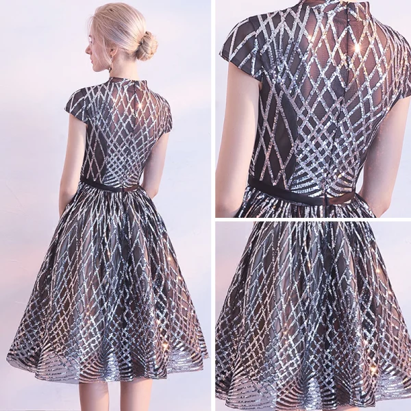 Sparkly Black Party Dresses 2018 A-Line / Princess High Neck Short Sleeve Bow Sash Knee-Length Sequins Formal Dresses