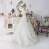 Ivory Wedding Dresses 2019 A-Line / Princess Off-The-Shoulder Puffy Short Sleeve Backless Appliques Lace Crystal Beading Court Train Ruffle