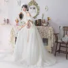 Ivory Wedding Dresses 2019 A-Line / Princess Off-The-Shoulder Puffy Short Sleeve Backless Appliques Lace Crystal Beading Court Train Ruffle