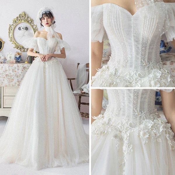 Ivoire Robe De Mariée 2019 Princesse De l'épaule Gonflée Manches Courtes Dos Nu Appliques En Dentelle Cristal Perlage Tribunal Train Volants
