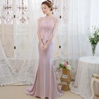 Élégant Rougissant Rose Transparentes Robe De Soirée 2019 Trompette Sirène Col Haut Manches Courtes Appliques En Dentelle Perlage Faux Diamant Train De Balayage Volants Dos Nu Robe De Ceremonie