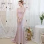 Élégant Rougissant Rose Transparentes Robe De Soirée 2019 Trompette / Sirène Col Haut Manches Courtes Appliques En Dentelle Perlage Faux Diamant Train De Balayage Volants Dos Nu Robe De Ceremonie