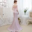 Élégant Rougissant Rose Transparentes Robe De Soirée 2019 Trompette / Sirène Col Haut Manches Courtes Appliques En Dentelle Perlage Faux Diamant Train De Balayage Volants Dos Nu Robe De Ceremonie