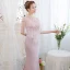 Élégant Rougissant Rose Transparentes Robe De Soirée 2019 Trompette / Sirène Col Haut Manches Courtes Appliques En Dentelle Perlage Faux Diamant Train De Balayage Volants Dos Nu Robe De Ceremonie
