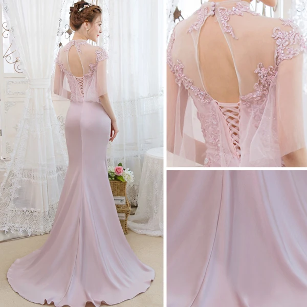 Élégant Rougissant Rose Transparentes Robe De Soirée 2019 Trompette / Sirène Col Haut Manches Courtes Appliques En Dentelle Perlage Faux Diamant Train De Balayage Volants Dos Nu Robe De Ceremonie