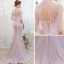 Élégant Rougissant Rose Transparentes Robe De Soirée 2019 Trompette / Sirène Col Haut Manches Courtes Appliques En Dentelle Perlage Faux Diamant Train De Balayage Volants Dos Nu Robe De Ceremonie