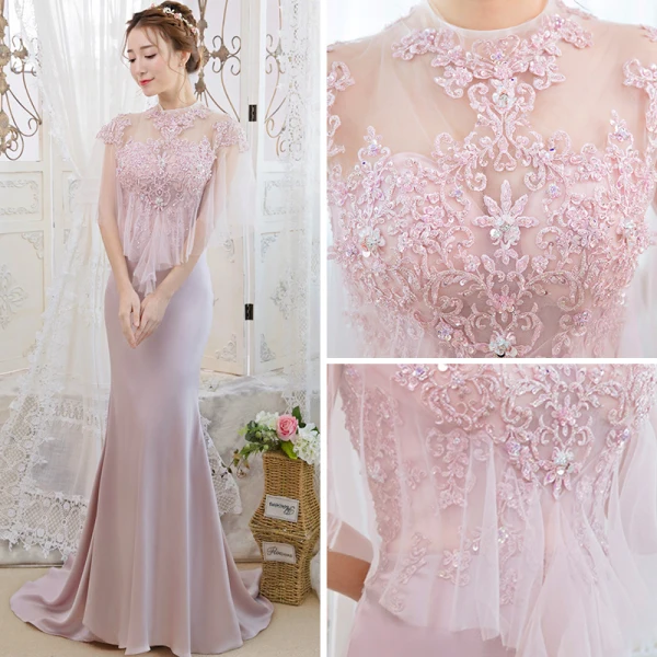 Élégant Rougissant Rose Transparentes Robe De Soirée 2019 Trompette / Sirène Col Haut Manches Courtes Appliques En Dentelle Perlage Faux Diamant Train De Balayage Volants Dos Nu Robe De Ceremonie