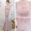 Élégant Rougissant Rose Transparentes Robe De Soirée 2019 Trompette / Sirène Col Haut Manches Courtes Appliques En Dentelle Perlage Faux Diamant Train De Balayage Volants Dos Nu Robe De Ceremonie