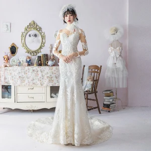 Charming Ivory See Through Wedding Dresses 2019 Trumpet Mermaid Scoop Neck Long Sleeve Appliques Lace Beading Cathedral Train Ruffle