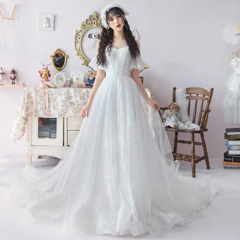 Modest Simple White See Through Wedding Dresses 2019 A Line Princess Scoop Neck Short Sleeve Appliques Lace Cathedral Train Ruffle