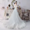 Modest / Simple White See-through Wedding Dresses 2019 A-Line / Princess Scoop Neck Short Sleeve Appliques Lace Cathedral Train Ruffle